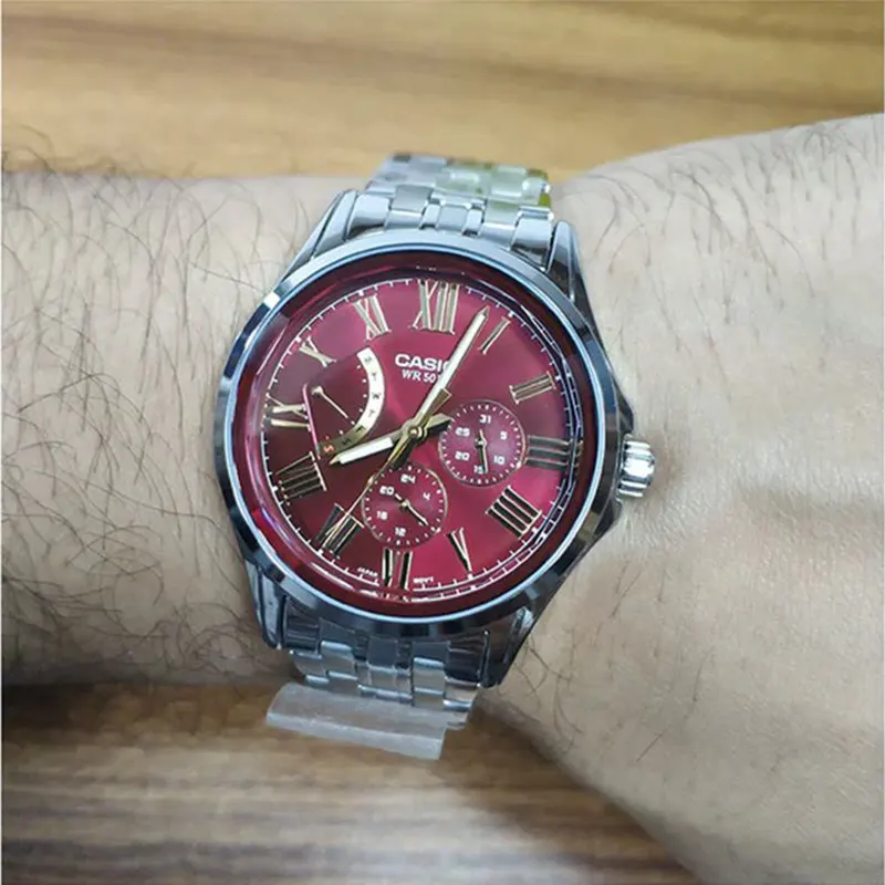 Casio Enticer Maroon Dial Chronograph Men's Watch- MTP-E311DY-4AV